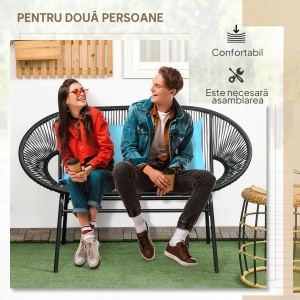 Bancă de grădină cu 2 locuri din metal și sfoară din rășină cu 2 perne - dim. 132L x 72l x 83Î cm - negru - Img 4