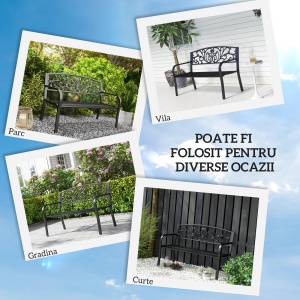 Banca de gradina din metal cu spătar decorat, 127x60x87cm – negru - Img 4