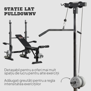 Bancă Multifuncțională pentru Fitness cu Pulley System, Suport pentru Haltere și Spătar Reglabil, Bancă pentru Greutăți Înclinată cu Extensie pentru Picioare, Chest Fly, Suport pentru Greutăți, Antrenament Acasă - Img 5
