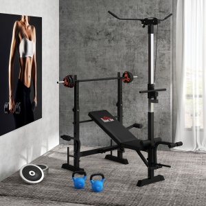 Bancă Multifuncțională pentru Fitness cu Pulley System, Suport pentru Haltere și Spătar Reglabil, Bancă pentru Greutăți Înclinată cu Extensie pentru Picioare, Chest Fly, Suport pentru Greutăți, Antrenament Acasă - Img 9
