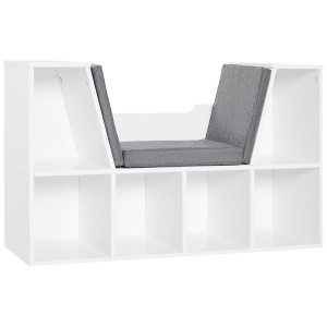 Bibliotecă 2 în 1 cu Perne Confortabile și 6 Compartimente, Mobilier Multifuncțional pentru Cărți și Jocuri, Raft cu 6 Cuburi pentru Sufragerie, Dormitor și Birou, 102x30x61 cm, Alb - Img 1