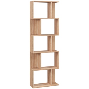 Bibliotecă cu 5 Rafturi Separate cu Spațiu de Economisire în Formă de S din Lemn, 60x24x184,5 cm, Lemn Natural