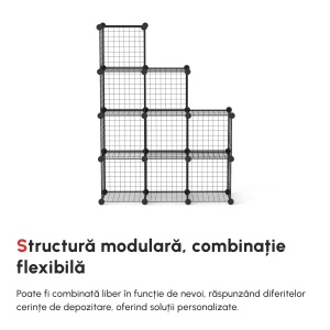 Biblioteca cu economie de spatiu pentru jucarii, haine, 9 cuburi din otel si PP, 35x35x35 cm, negru - Img 4