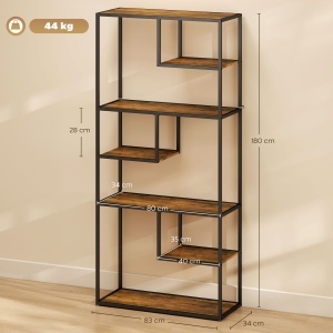 Bibliotecă Mobilă cu 7 Nivele din Lemn și Oțel în Stil Industrial, 83x34x180 cm, Maro - Img 3