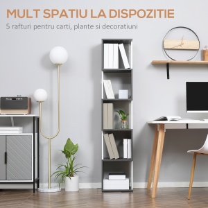 Biblioteca moderna cu 5 rafturi din lemn, economiseste spatiu pentru casa si birou, 33x28x161cm, gri si alb - Img 5