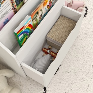 Bibliotecă pentru Copii 3-8 Ani cu 3 Rafturi și Sertar, Raft de Depozitare Jucării, 62,5x30x70 cm, Alb - Img 8