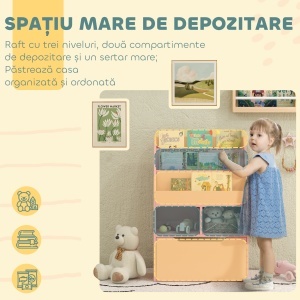 Bibliotecă pentru Copii cu Rafturi, Sertar și Roți, Raft pentru Jucării și Cărți, 60x29.9x90 cm, Roz - Img 4