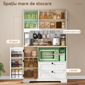 Bufet de Bucătărie Înalt 162 cm, Mobilier de Depozitare cu 2 Dulapuri, 2 Sertare, Suport Condimente, Orificii pentru Cabluri, Rafturi Reglabile, Blat pentru Cuptor cu Microunde, Suporturi pentru Cești, Alb - Img 4
