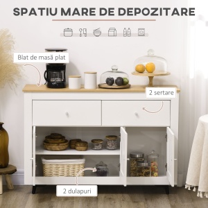 Bufet din Lemn cu 2 Sertare și 2 Dulapuri, 117x35x80 cm, Alb și lemn natural - Img 4