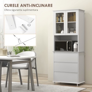 Bufet Mobilier Bucatarie cu Usi de Sticla si 3 Sertare 68x38x172 cm – Alb - Img 7