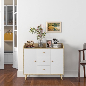 Bufet Modern din PAL si Lemn de di Pin cu 3 Sertare si 2 Dulapioare cu 2 Niveluri, 90x32x80 cm, Alb si Lemn Natur - Img 7