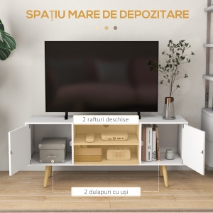 Cabinet TV 55" cu 2 Dulapuri, Uși și 2 Rafturi Deschise, Consolă TV din Lemn și PAL, 120x34x50 cm, Alb - Img 4