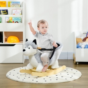 Cal Balansoar pentru Copii Animal de Balansat pentru Copii din Lemn in Forma de Husky din Plus cu Centura de Siguranta Jucarie pentru Fete Baieti pentru Interior Exterior - Img 2