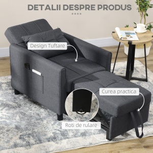 Canapea Extensibila 3-in-1 – Pat, Fotoliu & sezlong Cu Spatar Reglabil - Img 7