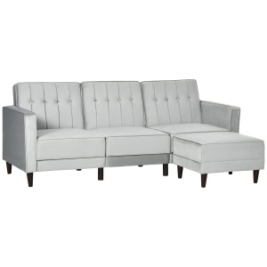 Canapea extensibila cu 3 locuri cu taburet si spatar inclinabil, tapiterie din catifea si scaun captusit, 218x85x86 cm, gri deschis - Img 1