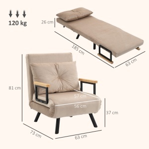 Canapea Extensibilă cu Spătar Reglabil pe 5 Nivele, Canapea Pat Individuală Pliabilă cu Perne, 63x73x81 cm, Bej - Img 3
