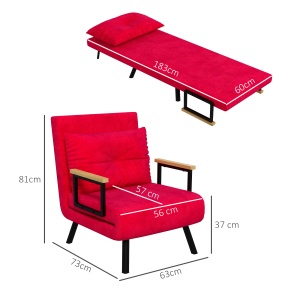 Canapea Extensibilă cu Spătar Reglabil pe 5 Nivele, Canapea Pat Individuală Pliabilă cu Perne, 63x73x81 cm, Roșu - Img 3