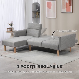 Canapea Extensibila pe Colt cu 3 Locuri din Tesatura Gri Reglabila Stil Scandinav - Img 5