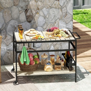 Cărucior cu Roți din Lemn cu 2 Rafturi, 3 Cârlige, Blat cu Lamele și Mâner 107x65x80 cm Natural - Img 2