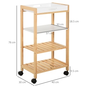 Carucior de bucatarie cu 4 nivele din MDF si lemn de pin cu 4 roti pivotante, 40x30x76 cm, alb si maro - Img 3