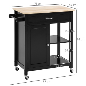 Carucior de Bucatarie din Lemn cu Sertar, Dulapior si Etajere cu Roti, 83x45x88cm, Negru - Img 3