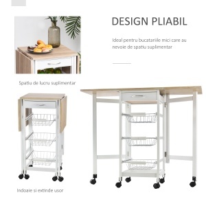Carucior de Bucatarie Extensibil cu 3 sertare, MDF/Metal, 37x37x77.5 cm, Alb - Img 4