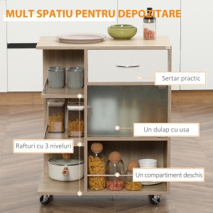 Carucior de bucatarie modern, carucior mobil de depozitare cu sertar, polita cu 3 niveluri, dulap cu usa din sticla, pentru sufragerie, natural - Img 4