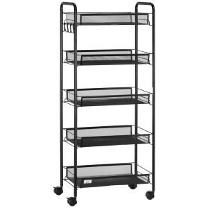 Carucior de bucatarie pe 5 niveluri cu cosuri din plasa, carucior de depozitare pentru sufragerie si dormitor din otel, 45x26,5x106cm, negru - Img 1