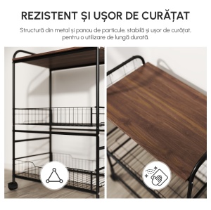 Carucior de Bucatarie Stil Industrial 4 Roti 2 Cosuri 4 Manere Maro - Img 8