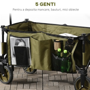Carucior de gradina pliabil cu roti, Carucior de camping pliabil cu placa pliabila, Carucior utilitar pentru exterior cu cadru din otel si material Oxford, verde - Img 8
