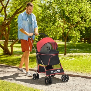 Cărucior pentru Câini Pliabil și Convertibil în Geantă de Transport cu 2 Lese și Pernă, 82x49.5x98 cm, Roșu - Img 2