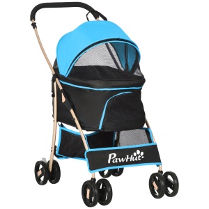 Cărucior pentru Câini Pliabil și Convertibil în Geantă de Transport cu 2 Lese și Pernă, 82x49.5x98 cm, Albastru - Img 1