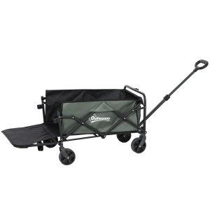 Cărucior Pliabil de Grădină cu Deschidere Posterioară, Roți, Buzunare de Depozitare și Mâner, 125x48x78-102 cm, Verde