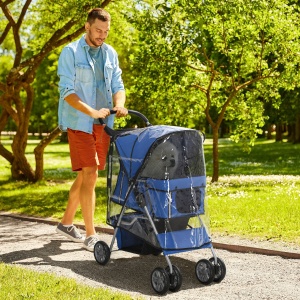 Cărucior Pliabil pentru Câini până la 10 kg cu Copertină de Ploaie, 75x45x97 cm, Albastru - Img 2