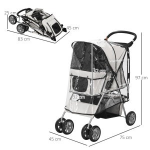 Cărucior Pliabil pentru Câini până la 10 kg cu Copertină Împotriva Ploii, 75x45x97 cm, Gri - Img 3