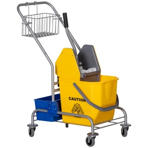 Cărucior Profesional de Curățenie cu Coș Suspendat, Raft, Găleată de 25 L și Cârlig, 72x49,5x95 cm, Galben