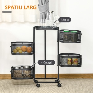 Carucior utilitar rulant cu cosuri metalice rotative, Carucior de serviciu cu 4 niveluri de depozitare cu blat, Negru - Img 4