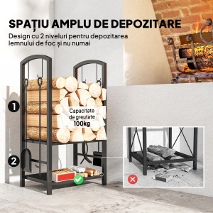 Caseta pentru Lemne cu Set Unelte pentru Semineu in Otel Negru 40 x 30 x 74.5 cm - Img 4