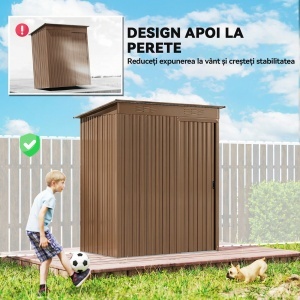 Căsuță de Grădină 1.37m² din Metal, Montaj Ușor, Căsuță pentru Unelte de Grădină cu Orificii de Aerisire, Ușă Glisantă, Acoperiș Înclinat și Mănuși, 159x106x181 cm, Maro - Img 6