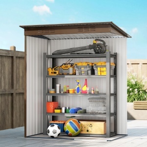 Căsuță de Grădină 1.37m² din Metal, Montaj Ușor, Căsuță pentru Unelte de Grădină cu Orificii de Aerisire, Ușă Glisantă, Acoperiș Înclinat și Mănuși, 159x106x181 cm, Maro - Img 9