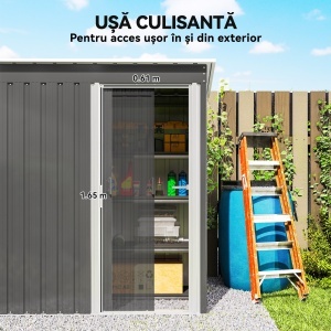 Căsuță de Grădină Exterior 1,16 m² 163x89x182 cm din Metal cu Ușă Culisantă și Acoperiș Înclinat, Gri - Img 4
