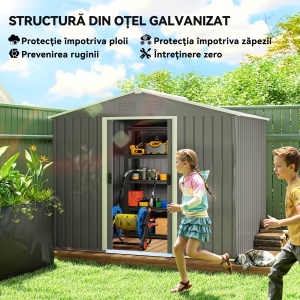 Casută de Grădină, Magazie de Exterior pentru Unelte cu 2 Uși Culisante și 4 Prize de Aerisire, 236x174x190 cm, Gri - Img 4