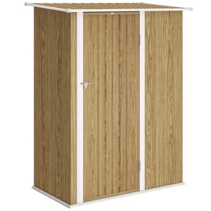 Căsuță pentru Grădină 1.07m² din Oțel Galvanizat, Căsuță pentru Unelte cu Ușă Blocabilă, Acoperiș Înclinat, 142x86x189 cm, Imitatie Lemn - Img 1