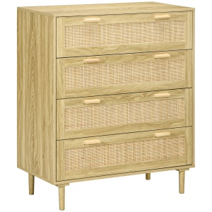 Comodă cu 4 Sertare în Stil Boho, Comodă din Lemn și Ratan pentru Dormitor și Hol, 90x45x108,5 cm, Stejar - Img 1