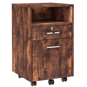 Comodă de Birou cu 2 Sertare și Raft Deschis, Mobilier cu 5 Rotile, Încuietoare și 2 Chei, 39x40x65 cm, Maro