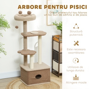 Copac de Zgâriat pentru Pisici cu Pat, Căsuță și Platforme de Sărit, 48x40x133 cm, Maro - Img 5