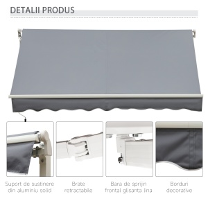 Copertina pentru soare tip rulou reglare cu manivela, din aluminiu si poliester, 295x245cm, gri - Img 4