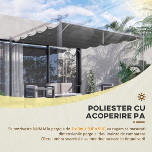 Copertina retractabila pentru pergola, Copertina de rezerva din material textil pentru pergola de 3 x 3 (m), gri inchis - Img 4
