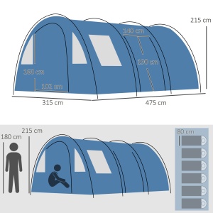 Cort de Camping pentru 5-6 Persoane cu 2 Uși, Ferestre și Buzunare de Depozitare, 475x315x215 cm, Albastru - Img 3