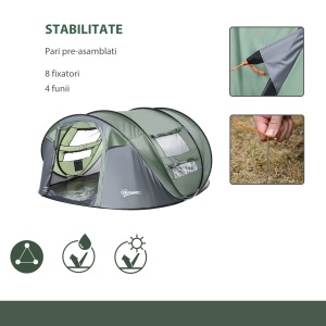 Cort de Camping Pop Up pentru 2 Persoane cu 2 Uși, 4 Ferestre și Înveliș Impermeabil, 263.5x220x123 cm, Verde - Img 7